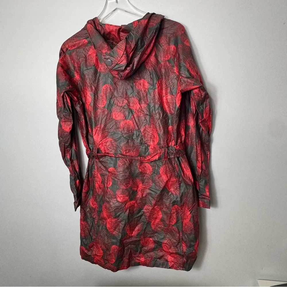 Columbia Long Belted Hooded Size Large Grey Red Print Raincoat Pre Owned - Picture 3 of 3